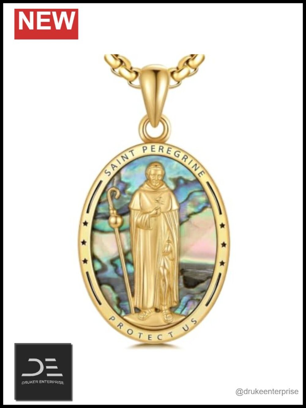 Saint Peregrine Medal Necklace Gold Plated Abalone Pendant Catholic Gift